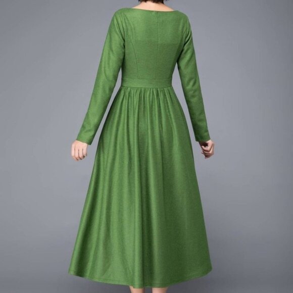 Ylistyle Green Retro Style Wool Blend Maxi Dress  4? - Picture 2 of 14